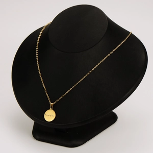 Gold stainless steel necklace with 'Harvest of Love' circular pendant on black display