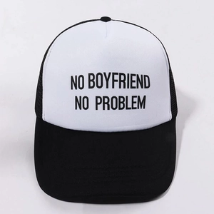 Black and white mesh trucker hat with NO BOYFRIEND NO PROBLEM print for casual outdoor wear