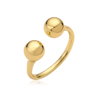 Minimalist gold-plated open ring with double polished beads in a 45-degree side view
