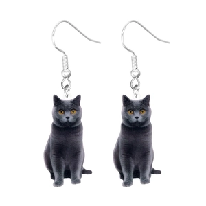 Cute gray British Shorthair cat earrings with silver metal hooks on a white background