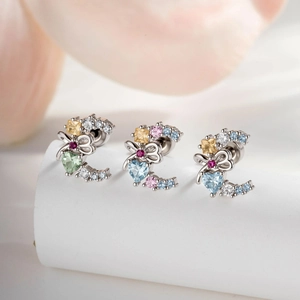 Crescent Moon Cartilage Stud Earring With Heart Zircon Bowknot Titanium Steel Threaded Post Helix Piercing Jewelry For Women