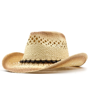 Handwoven straw cowboy hat with breathable hollow weave and decorative beads for sun protection