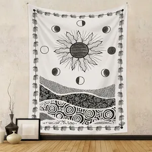 Bohemian Sun Moon Phases Wall Hanging Tapestry Black White Polyester Fabric Mystic Bedroom Living Room Dorm Decor