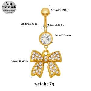 Detailed size chart of gold plated 316L steel belly button ring with crystal bow