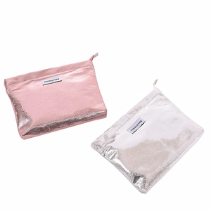 Pink and silver high-capacity PU leather makeup bags with premium metallic gloss finish