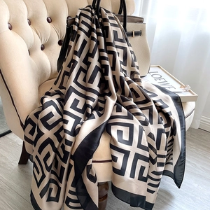 Geometric Greek Key Print Scarf Elegant Faux Satin Shawl Lightweight Large Wrap For Women Sun Protection Fashion Accessory