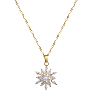 Luxurious gold flower necklace with center pearl and sparkling zircon crystals for women