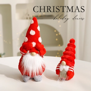 Pair of Christmas gnome plush dolls with reindeer antlers and red polka dot knitted hats