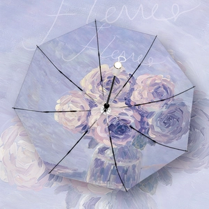 Artistic oil painting floral folding umbrella with purple flower pattern and 8-rib structure