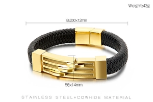 Détail du bracelet en cuir tressé noir et fermoir magnétique en acier inoxydable doré