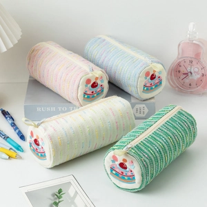 Cute cartoon strawberry cake pencil cases in pastel colors with tweed woven texture