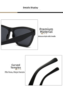 Detail shot of ergonomic curved temples on thick black cat eye sunglasses for a secure fit