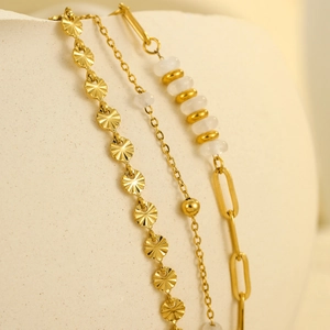 Three-layer gold stainless steel bracelet set with natural stone charms and sunburst discs