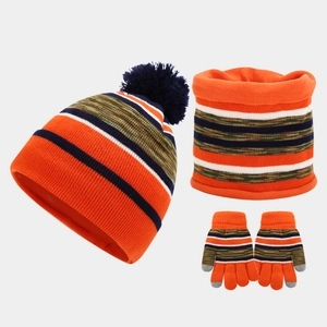 Knitted Beanie Hat Neck Warmer And Touchscreen Gloves Fleece Lined Striped Winter Thermal For Toddler Kids