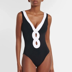 Women One-Piece Swimsuit Black White Contrast Hollow Out V Neck Strapless Swimwear And Sarong For Summer Beach Vacation