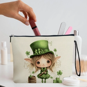 St. Patrick's Day gnome makeup bag with green clover elf pattern and black zipper closure