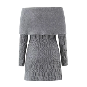 Grey off-shoulder knitted long sleeve dress featuring cable knit texture on white background