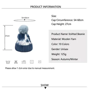 Winter tie-dye knit beanie with pom-pom detailing and sizing chart dimensions
