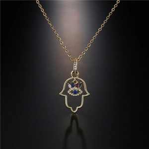 Hamsa Hand necklace in 18K gold plated copper with colorful zircon evil eye pendant