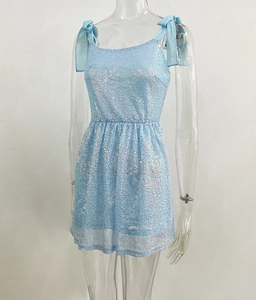 Ice blue sequin mini dress featuring oversized shoulder bows and A-line silhouette