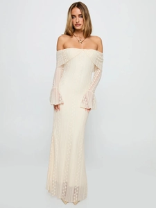 Elegant off-shoulder lace maxi dress with flared long sleeves in cream white color