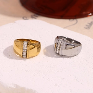 Baguette Zirconia Wide Band Ring Stainless Steel 18K Gold Plated Minimalist INS Style Fashion Jewelry For Women