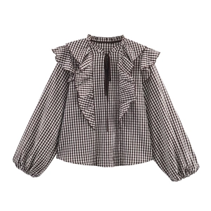 Brown and white plaid V-neck blouse with ruffled layers and lantern sleeves