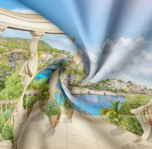 Detail of high-definition Mediterranean sea print on textured tapestry fabric