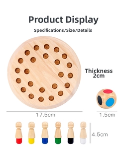 Detailed size view of wooden memory chess board with colorful pegs and a wood dice