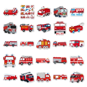 Flat lay of 25 waterproof cartoon fire truck stickers for DIY luggage and scrapbooking