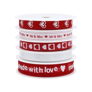 Detail of 5-roll heart-themed ribbon set with Mr & Mrs and Made with Love prints