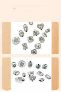 Detail showing vintage silver-plated metal beads with engraved floral patterns for DIY jewelry
