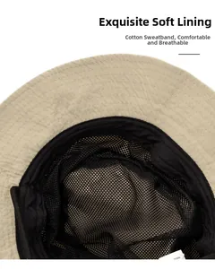 Detail of outdoor sun hat featuring breathable black mesh lining and cotton sweatband