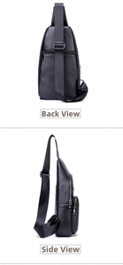 Detail view of the black leather sling bag showing the side and back zipper pockets