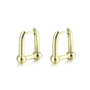 Minimalist gold U-shaped link earrings with dual metal spheres in a modern industrial style