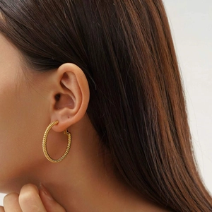 Textured gold spiral hoop earrings for women in 30mm vintage stainless steel style