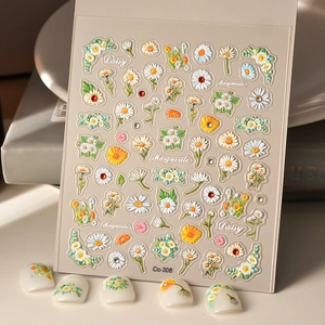 5D embossed daisy flower nail stickers with 3D texture and realistic floral designs