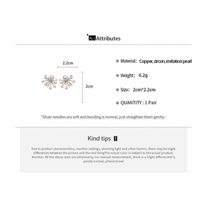 Detailed size and material specs of silver needle pearl earrings with cubic zirconia