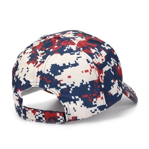 Rear view of a digital camouflage baseball cap with adjustable velcro strap in red white and blue
