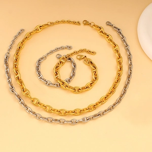 Golden and silver stainless steel pig nose chain necklace and bracelet jewelry set