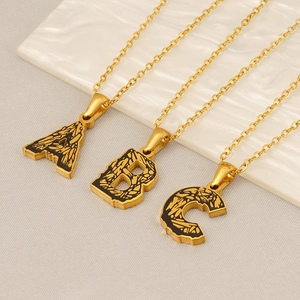 Initial Letter Pendant Necklace 18K Gold Plated Stainless Steel Bark Texture Black Enamel Vintage Jewelry For Women