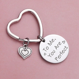Stainless Steel Heart Shaped Keychain With Engraved Round Pendant Romantic Valentine Anniversary Gift For Couples