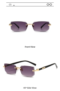 Detail view of rimless gradient purple sunglasses with elegant gold metal bridge and hinges
