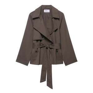 Damen Kurzer Trenchcoat Jacke Doppelreihig Mit Gürtel Revers Langarm Casual Pendler Einfarbig Oberbekleidung