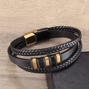 Multilayer hand-woven black leather bracelet with gold and black magnetic clasp