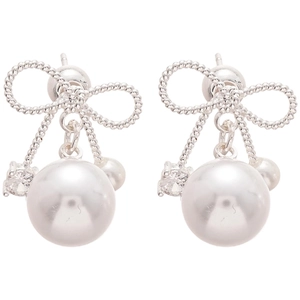 Silver bow pearl drop earrings with sparkling zircon accents and elegant metal rope texture