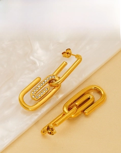 Détail de boucles d'oreilles trombones dorées serties de strass blancs sur surface texturée