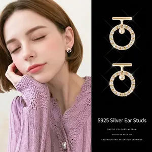 Elegant S925 silver needle hoop earrings with pavé zircons in gold-plated finish