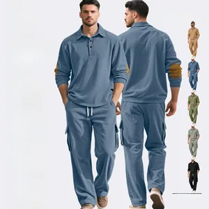 Detail of men's polo set showing jacquard texture, button collar, and cargo pockets