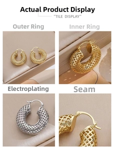 Detail view of hollow mesh pattern metal hoop earrings in gold and silver finish
